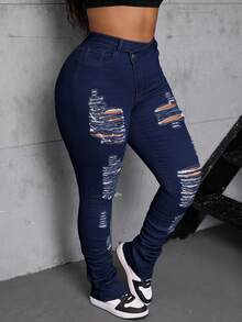 SHEIN SXY Quần jeans ống rộng màu xanh đậm rách gối, dáng bất đối xứng, dành cho nữ, cỡ lớn, chất liệu chun co giãn. - Rửa tối - Xem 7