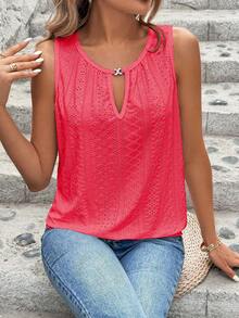 Breezaya Vestă elegantă pentru femei, culoare solidă, jacquard, brodat, perforat, cu guler rotund, cu decupaj metalic - roșu - Vizualizare 7