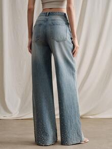 Anewsta Quần ống đứng đính đá thời trang nữ - Màu xanh lam - Xem 7