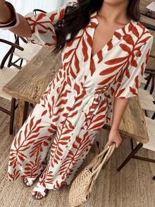 Weeklong Plus Size Women's Solid Color Leaf Print Shirt And Straight Leg Pants Casual Vacation 2-Piece Set, Spring/Summer - Multicolor - View 5