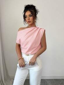 Elenzga Women's Summer Solid Color Elegant Asymmetrical Shoulder Ruffle Batwing Sleeve Blouse - Baby Pink - View 3