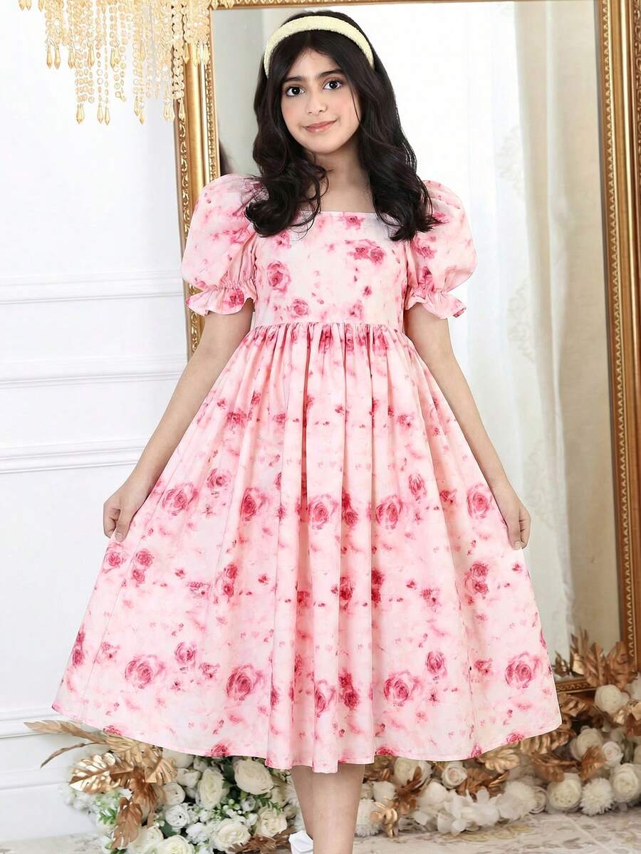 SHEIN Tween Girl Elegant Square Neck Petal Sleeve Ditsy Floral Dress - Baby Pink - View 1