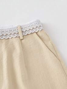 SHEIN Franclia Quần ống rộng màu vàng gừng tươi mát mùa hè - Quần ống suông cạp chun ren, cài một nút, dáng rộng thoải mái, kiểu dáng thời trang của các blogger, thích hợp mặc đi làm và đi nghỉ mát. - Màu be - Xem 5