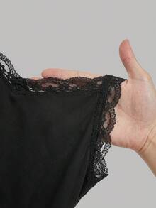 SHEIN Girlism 2件套针织罗纹拼接蕾丝边吊带背心，适合青少年女孩 - 黑色 - 查看 3