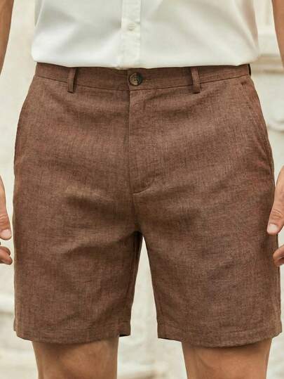 HIMLAND Men's Simple Solid Color Casual Shorts, Straight Leg Knee Length Pants For Commuting, Summer