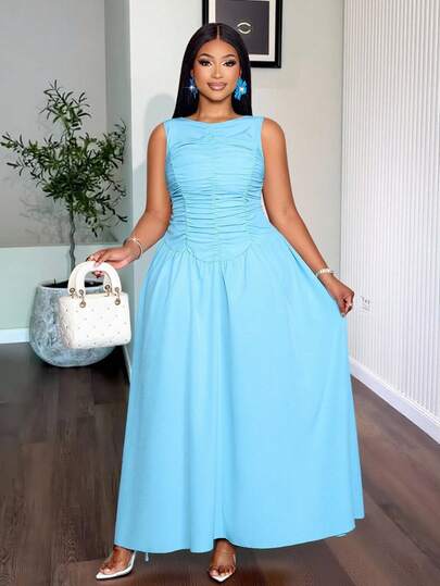 SOLERSUN Plus-Size Women's Solid Color Sleeveless Vest Style Round Neck Slim Fit Pleated Loose Casual A-Line Long Dress, Light And Luxurious, Simple And Slimming, Refreshing Color, Versatile And Practical, Suitable For Spring And Summer Daily Commutes And Beach Vacations, St. Patrick's Day, Easter, Music Festivals, Parties, Dates, Wedding Season, Four-Leaf Clover, Street Style, Beach Vacation, Picnic, Bohemian Style, Noble Elegance, Modern Fashion And Other Occasions.