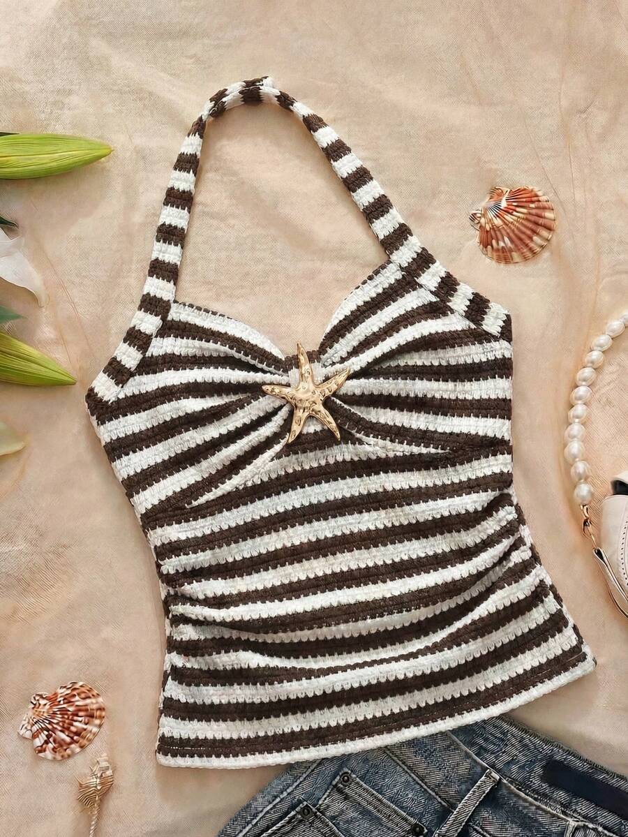 SHEIN Brown And White Polka Dot Starfish Halter Neck Camisole,Short Ruched Fitted Detachable Bow Crop Top For Tween Girl, Boho Breezy Classy Summer Beach - Brown - View 1