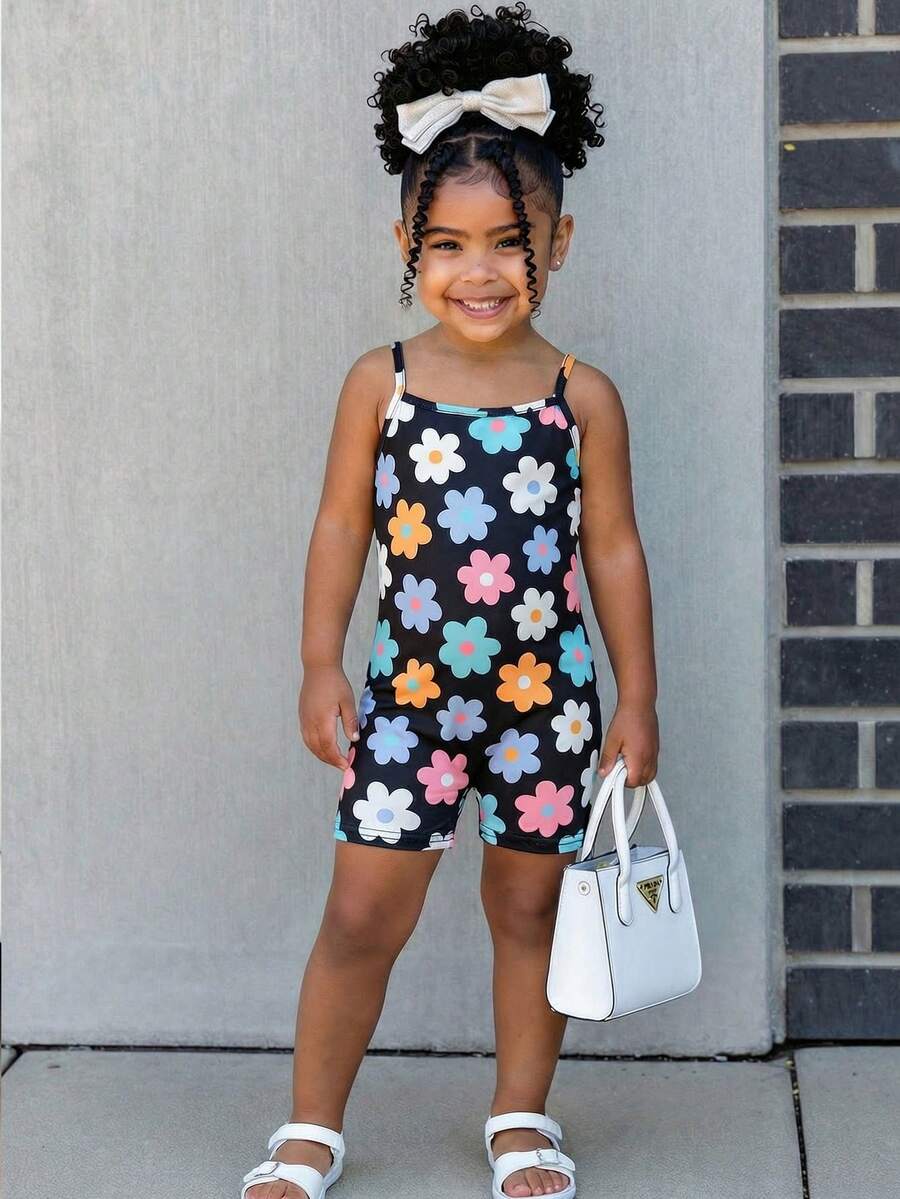 SHEIN Bộ áo liền quần in hoa phong cách thường ngày cho bé gái - màu đen - Xem 1