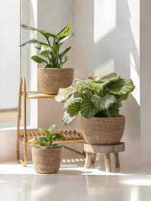 1 PC Handwoven Natural Rattan Seagrass Breathable Rustproof Woven Plant Basket Flower Pot Holder For Indoor Outdoor Garden Patio Home Decor Planter Baskets Decorative Boho Rustic - Pumpgrass model - View 3