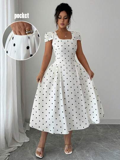 Elenzga Đầm maxi nữ thanh lịch in chấm bi, eo nhún, cổ vuông, tay ngắn.