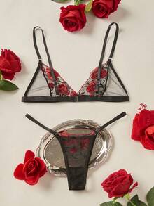 Spicy Aura Conjunto de lencería con bordado floral de malla - Negro - Ver 2