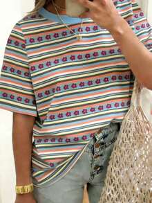 EMERY ROSE Women's Colorful Striped Loose Short Sleeve T-Shirt, Summer Style - Multicolor - View 3