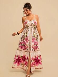 Travachic Đầm nữ cỡ lớn màu vàng in họa tiết cây nhiệt đới, dây mảnh, khoét eo, kiểu dáng mùa thu. - Màu be - Xem 1