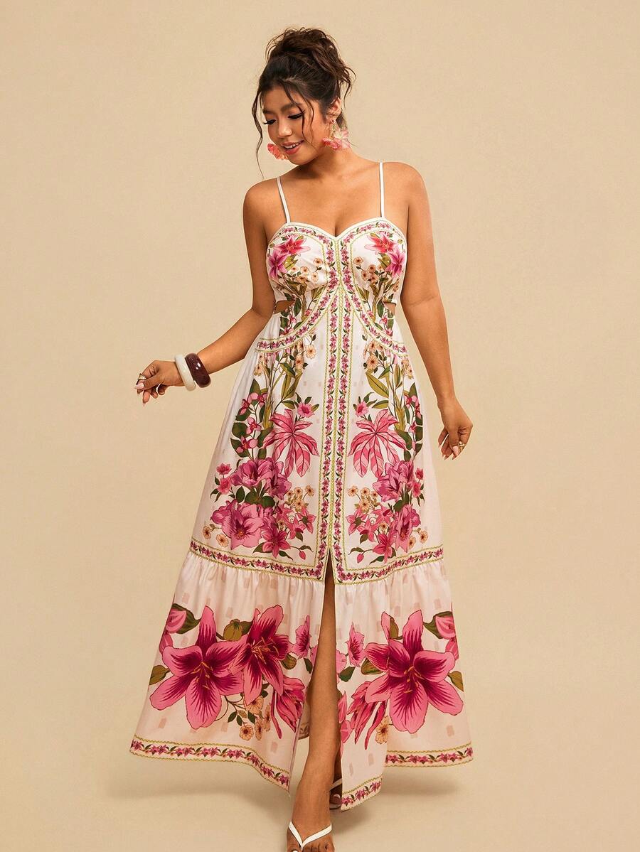 Travachic Đầm nữ cỡ lớn màu vàng in họa tiết cây nhiệt đới, dây mảnh, khoét eo, kiểu dáng mùa thu. - Màu be - Xem 1