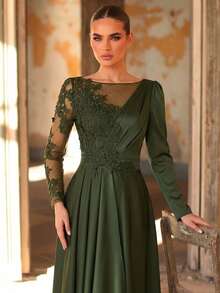 Aureia 优雅、迷人、奢华的刺绣蕾丝贴花薄纱袖长裙礼服，适合婚礼、单身派对、节日舞会、庆典、新娘、婆婆晚礼服等场合。 - 軍綠色 - 查看 2