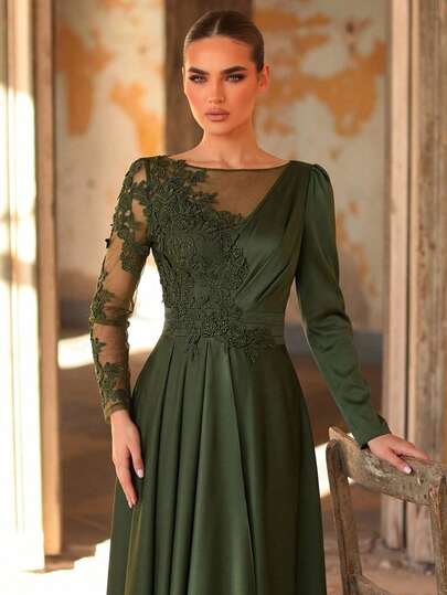 Serin Elegant, glamorös och lyxig broderad spetsapplikation med tunna ärmar och hel kjol. Lämplig för bröllop, svensexor, högtidsbaler, festivaler, brudar och svärmödrar.