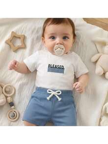 Loomiva Neugeborenes Baby Jungen/Mädchen Blume Muster Weicher Strick Rundhals Kurzarm Top und Elastischer Taille Shorts 2-teiliges Set - Blau-Weiß - Übersicht 9