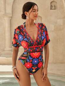 Swim Chiccia 女士南美波西米亚风印花网纱收腹连体泳衣 - 黑色 - 查看 3