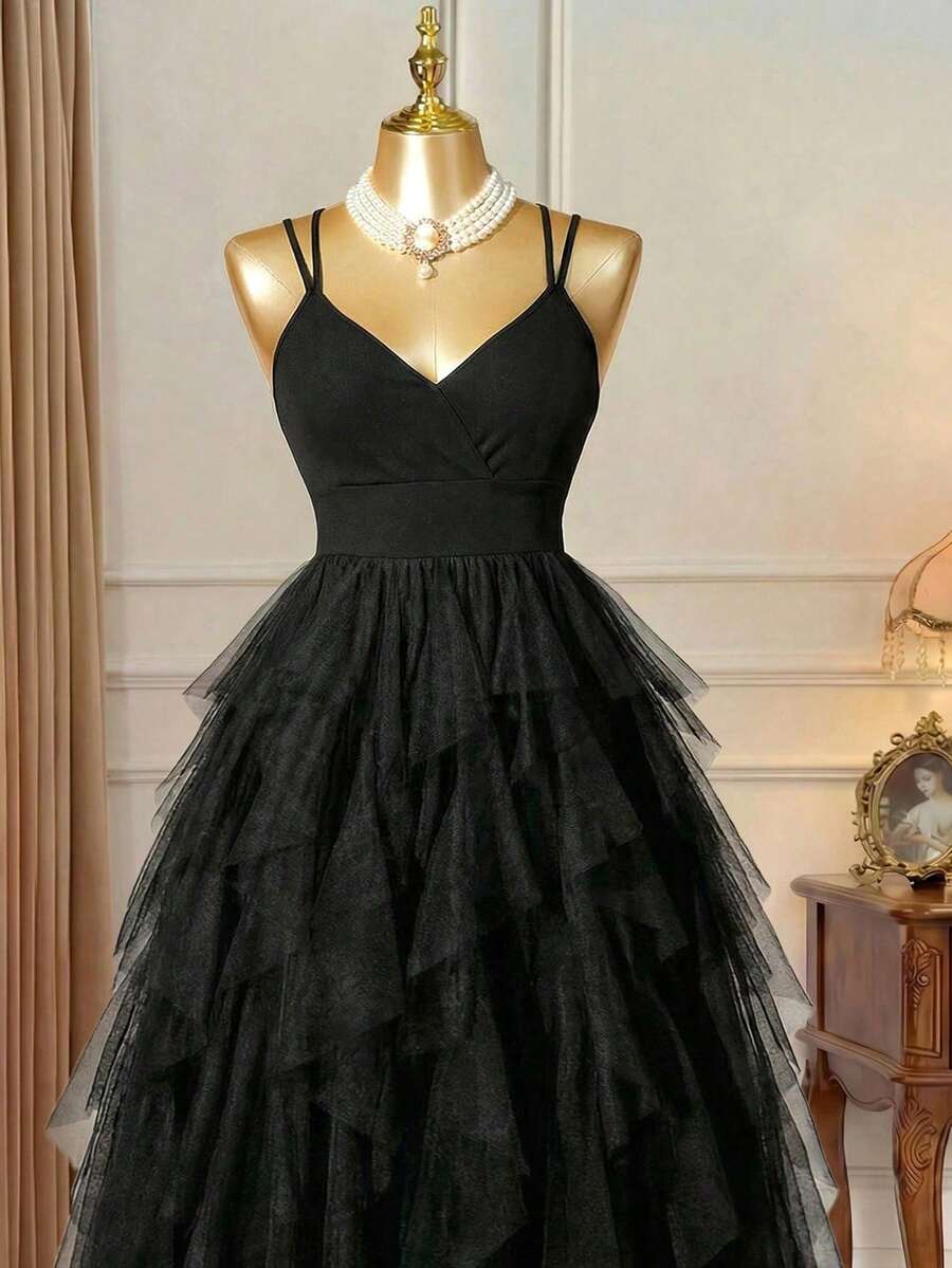 Rometta 女士黑色长裙，V 领礼服搭配网眼拼接针织吊带，高腰，优雅款式，加大码 - 黑色 - 查看 1