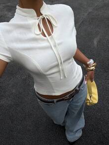 Muchica 女士白色梭织扭结领短袖T恤，夏季 - 白色 - 查看 5