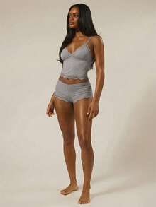 MUSERA ESSENTIALS Triangle Bust Lace Trim Adjustable Strap Cami Top And Fitted Boxer Boyshort Multipack Set  Lingerie Evening Everyday Summer - Grey - View 3