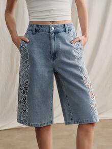 Anewsta 女士春夏时尚奢华性感镂空花卉刺绣浪漫派对度假蓝色休闲直筒牛仔裤 - 藍色 - 查看 3