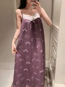 DAZY Floral Print Patchwork Trim Camisole Nightgown For Women Pajamas - Purple - View 4