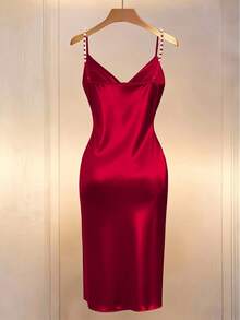 Franclia 优雅的法式浪漫香槟色交叉领收腰紧身连衣裙，饰有珍珠和开衩 - 紅色 - 查看 2