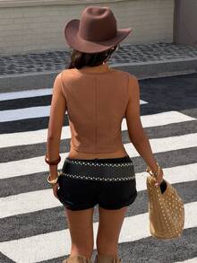 Muchica Women's Summer Pastal Suede Vest,Rhinestone Front Tie Sleeveless Waistcoat,Boho Sexy Music Festival Western Style Y2K Cropped Top For Streetwear Golf - Brown - View 2