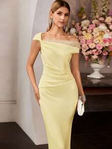 MOTF Soiréza Vestido formal elegante com contraste de renda, primavera/verão. - Amarelo - Ver 5