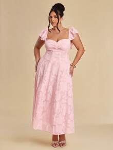 SHEIN BAE Robe d'été élégante de grande taille, couleur unie, avec découpes et volants à l'ourlet - Rose bonbon - Voir 2