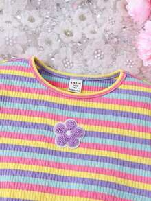 SHEIN Girls Solid Color Round Neck Butterfly Pattern Knit Casual Dress - Multicolor - View 6