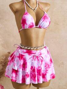 Bellisia 2026新款夏季女士三件套比基尼，印花沙滩度假性感泳衣，两件式泳装 - 粉色 - 查看 5