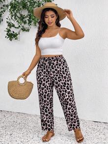 SHEIN Frenchy Calças casuais plus size com estampa de leopardo, calças de verão, calças para férias, moda praia feminina, estilo boho/boêmio, roupas femininas de verão, casual, moda para o dia a dia - Baby Rosa - Ver 7