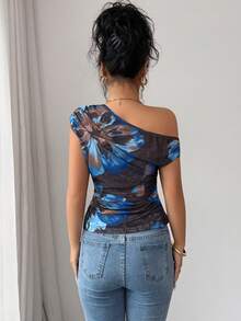 Elenzga Áo thun nữ dáng ôm, in hoa, xếp ly, kiểu dáng thường ngày. - Nhiều màu - Xem 2