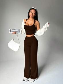Dewbera Dewbera 女士纯色吊带露脐上衣和高腰紧身裤休闲日常瑜伽运动套装 - 棕色 - 查看 6