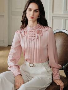 Anewsta 2026 Spring New Elegant French Style Casual Women Hollow Out Embroidery Blouse - Pink - View 7