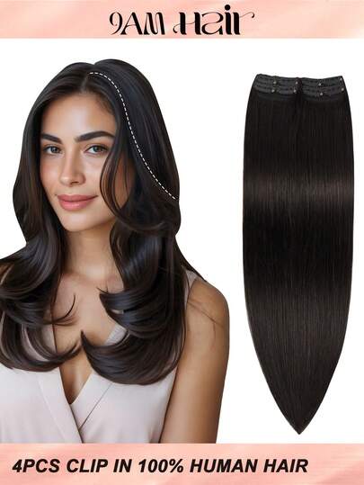 4 件装 8 个夹子 直发接发 100% 真人发色 1B# 自然黑 12-18 英寸双纬隐形接发 雷米天然真人发 适合女性女孩日常全头使用