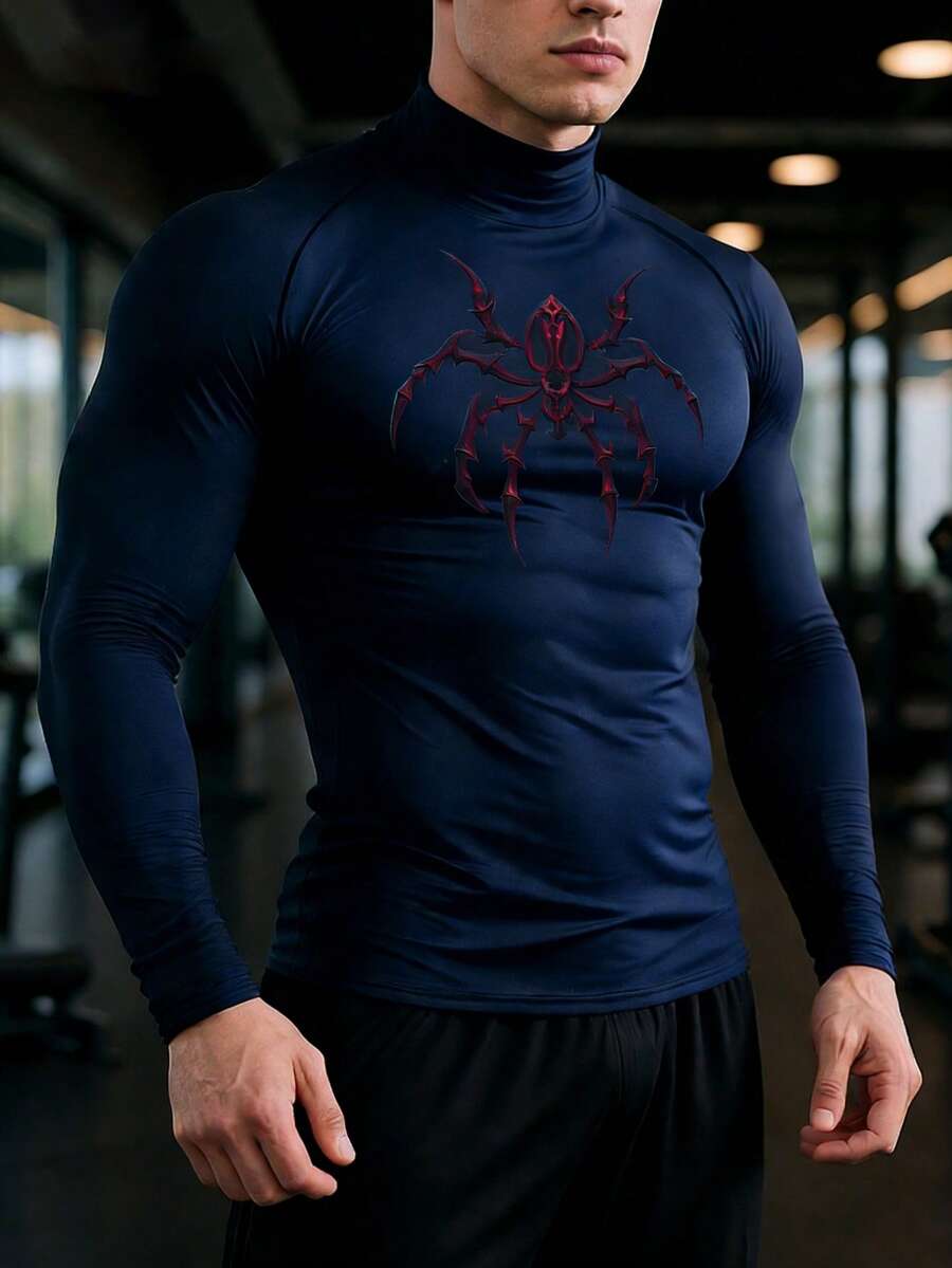 GymBeat 男士蜘蛛印花插肩袖运动T恤 - 藏蓝色 - 查看 1