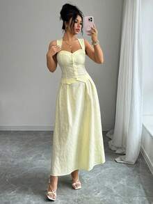 SHEIN Raffinéa Set de damă cu top camisol și fustă evazată, ținută elegantă din 2 piese, din material jacquard galben deschis - Lumină galbenă - Vizualizare 6
