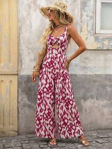 Brillora 女士春夏扭结镂空豹纹连体裤连衣裙 女装 女士连衣裙 女士连衣裙 - 酒紅色 - 查看 3