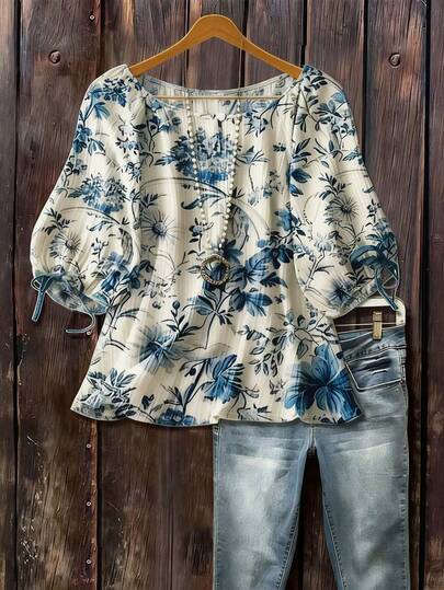 Linhara Blusa casual con manga corta, lazo y estampado de orquídea para mujer de talla grande