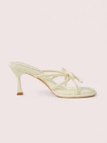 CUCCOO DOLLMOD Ladies Beige Solid Color Thin Belt Bow Elegant Round Toe Stiletto Slippers Summer Shoes - Beige - View 3