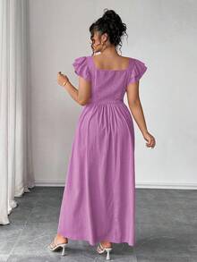 Elenzga Đầm nữ cỡ lớn cổ vuông, tay bồng xếp lớp, thắt nơ trước sau, kiểu dáng thanh lịch, ôm eo, thường ngày. - Màu tím - Xem 2