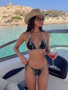 Swim Vcay Damen Sommer Urlaubs Strand Blumen Muster Perlen Neckholder Gebundenes Bikini Set - Verschiedenfarbig - Übersicht 4
