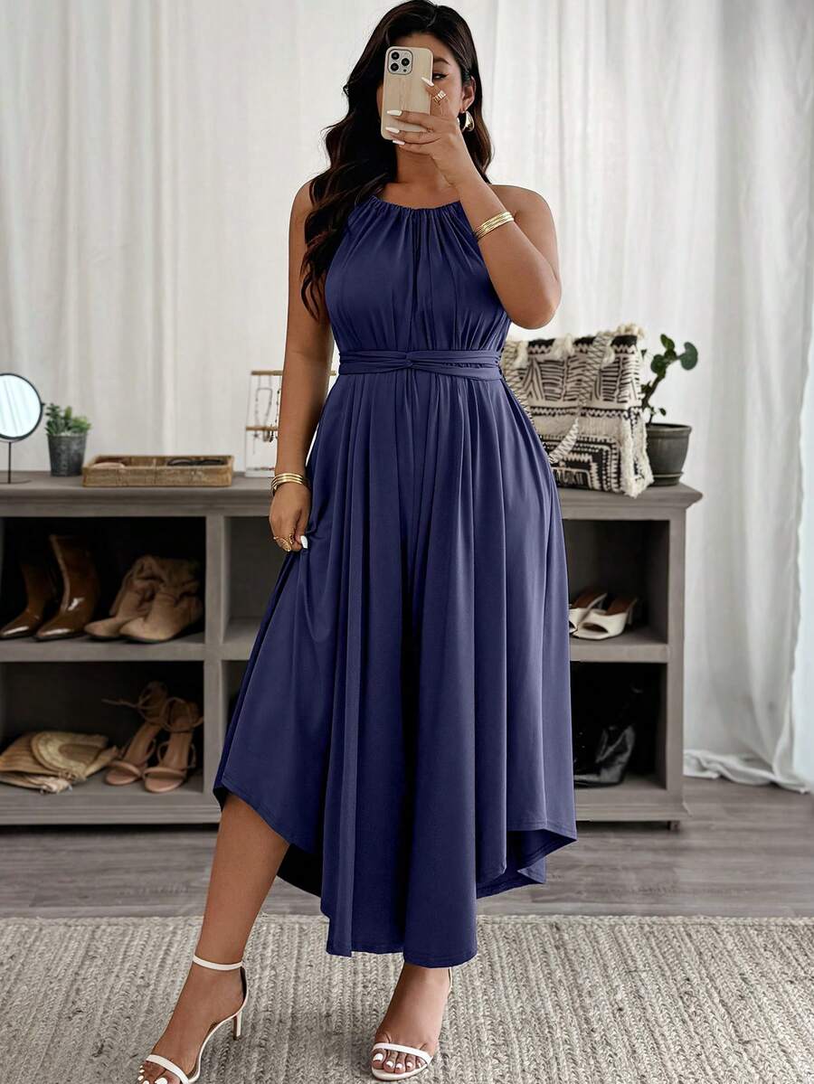 Weeklong Plus Size Women's Spring/Summer Sleeveless Elastic Waist Asymmetrical Hem Straight Pants, Waist Belt Decor, Suitable For Daily Wear Wedding Guest - Navy Blue - View 1