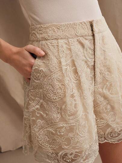 Anewsta Women's French Lace Textured Elegant A-Line Shorts For Commuting