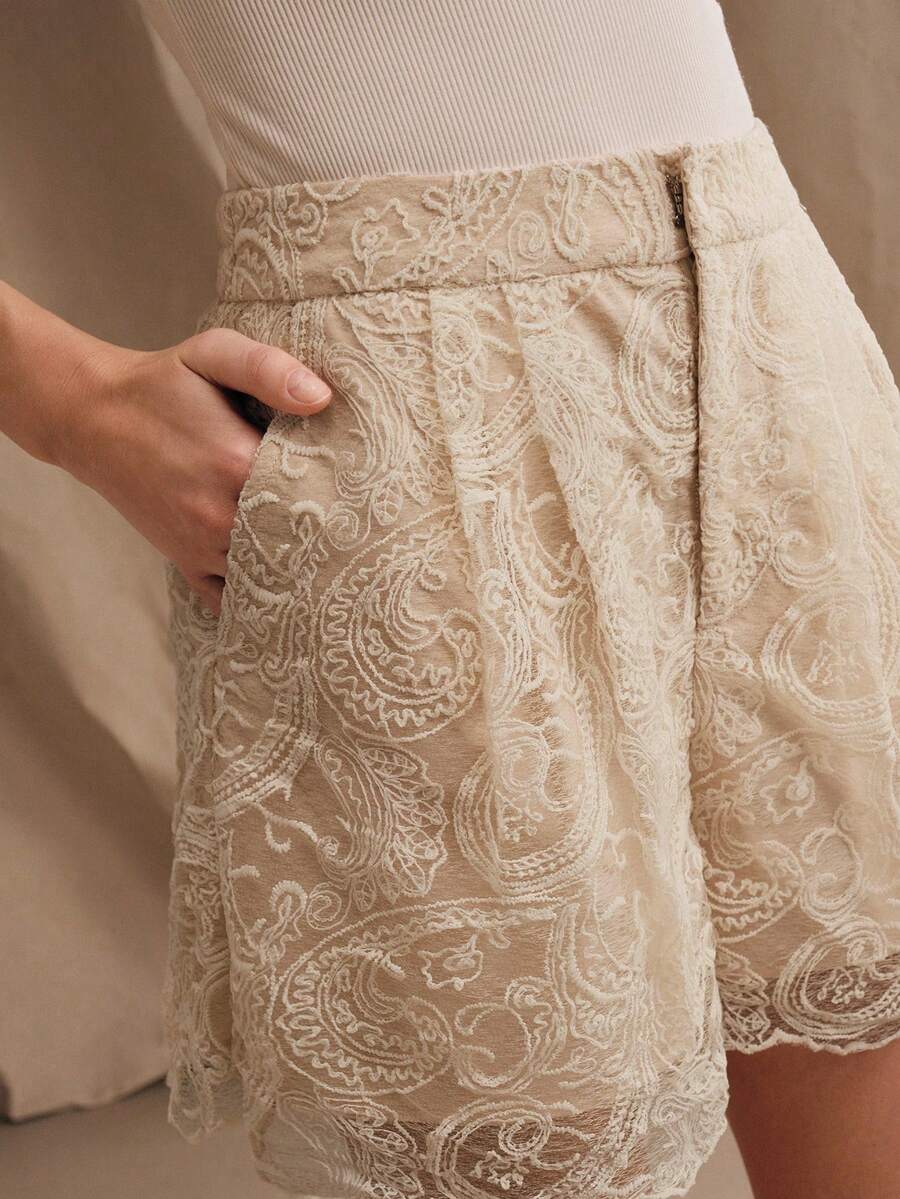 Anewsta Women's French Lace Textured Elegant A-Line Shorts For Commuting Micro Short - Apricot - View 1
