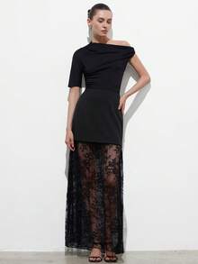 Aveloria Modichic Women's Lace And Woven Fabric Slim Fit H-Line Lace Patchwork Hem See-Through Design Faux Two-Piece Visual Effect Maxi Skirt Elegant Romantic Retro Modern Black Black Dress For Women Elegant Party Dresses Formal Dresses For Women Black Skirt - Black - View 5