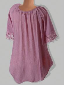 Linhara Plus Size Solid Color Short Sleeve Lace Patchwork Casual Summer T-Shirt For Women - Pink - View 2